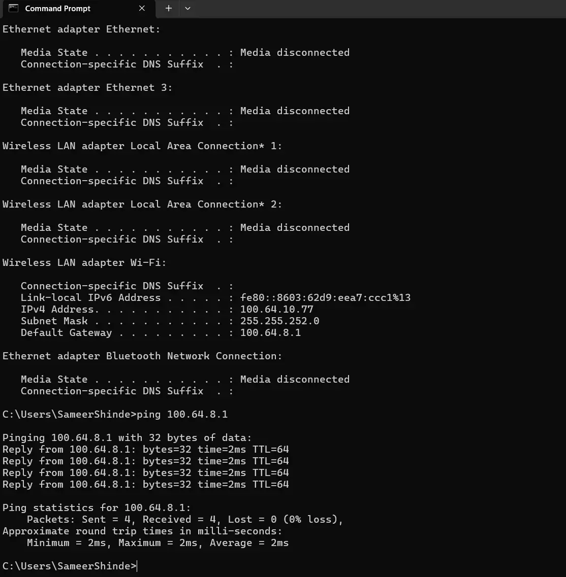 Testing default gateway connectivity using the Windows ping command