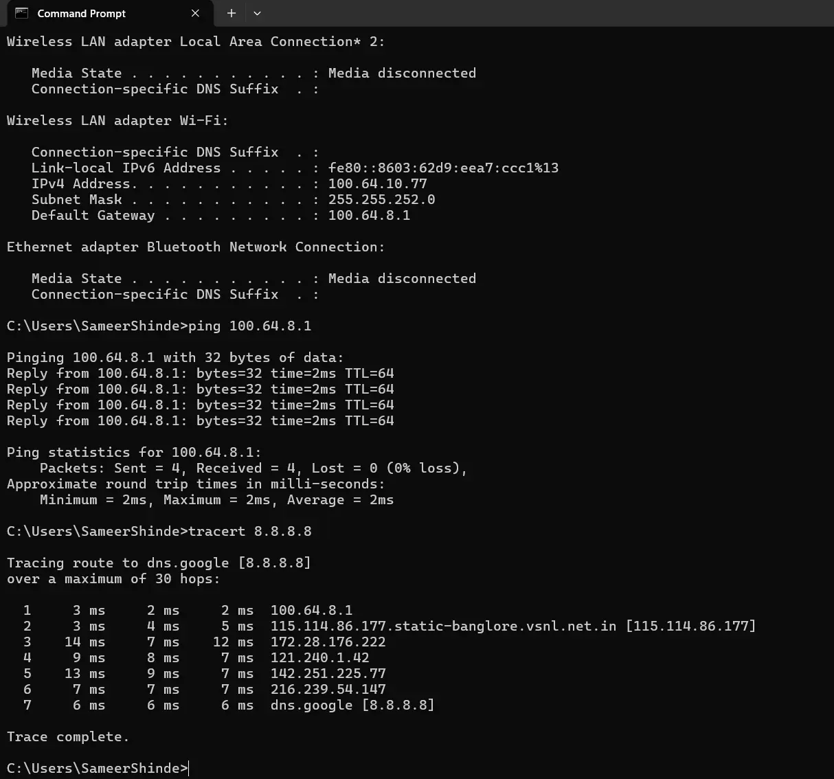 Windows tracert command showing network hops toward a remote IP address