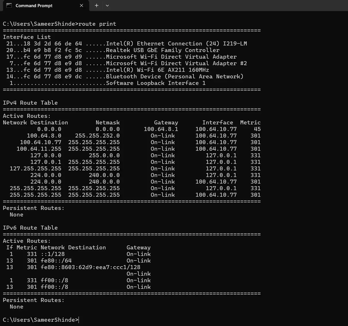 Windows route print output showing the IPv4 default route and gateway address