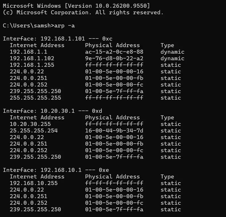Windows ARP table showing IP addresses mapped to MAC addresses using the arp -a command