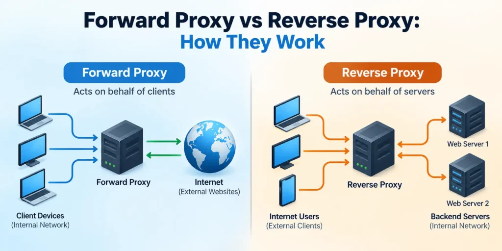 Forward proxy vs reverse proxy diagram showing client devices, internet traffic, reverse proxy, and backend web servers.