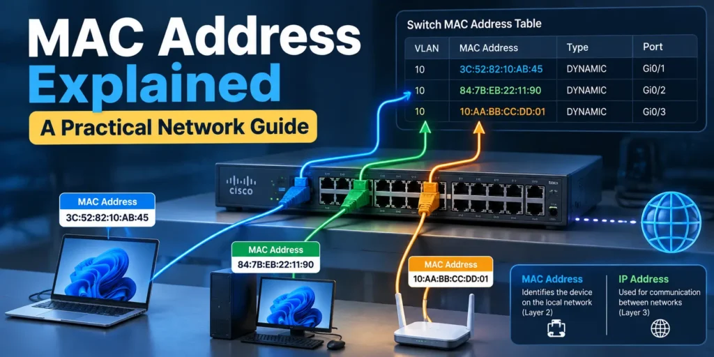 MAC address explained with network switch, MAC address table, and connected devices