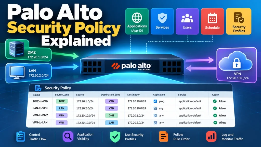 Palo Alto Security Policy showing zones, applications, services, users, security profiles, and rule order
