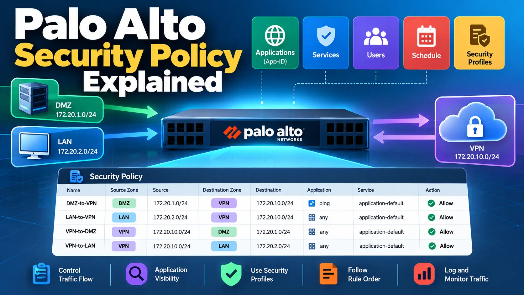 Palo Alto Security Policy showing zones, applications, services, users, security profiles, and rule order