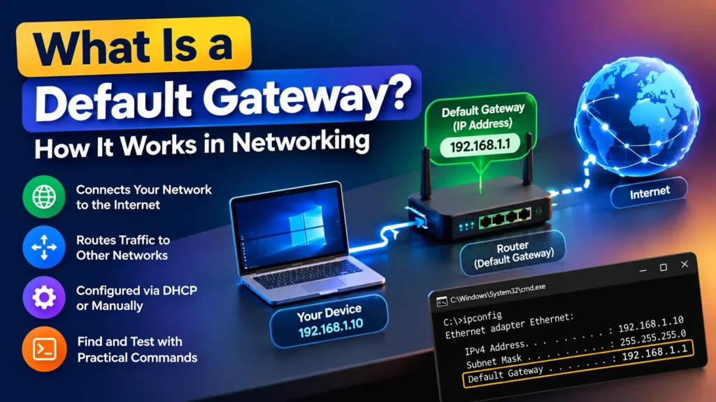 What is a default gateway in networking showing a computer, router, internet connection, and Windows ipconfig command