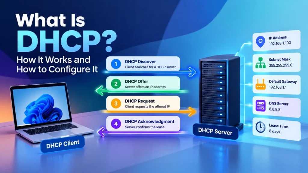 DHCP explained with a client, server, DORA process, and IP configuration settings